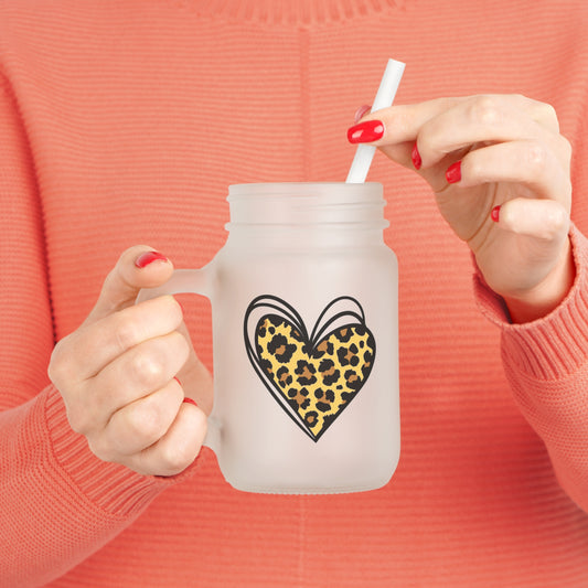 Leopard Heart Frosted Mason Jar with lid and straw