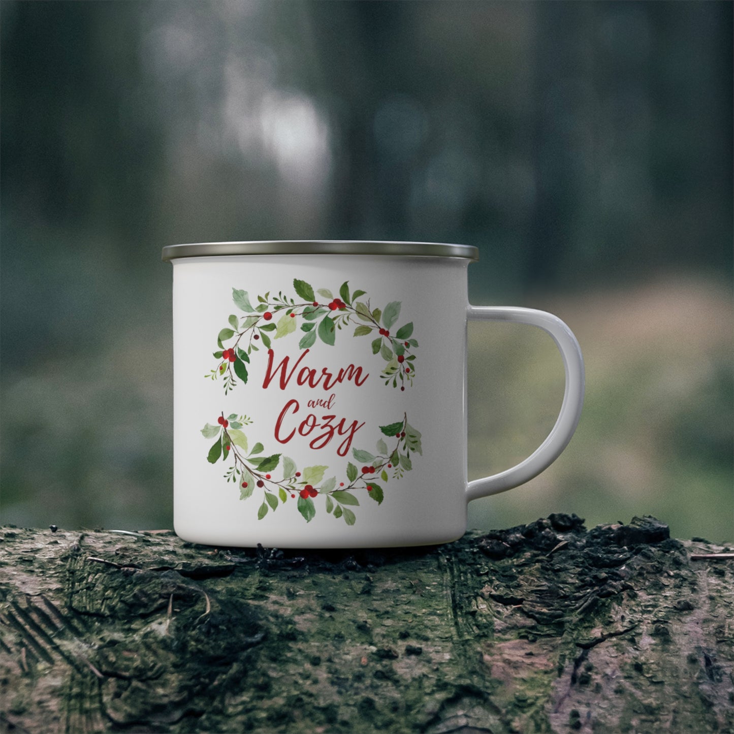 "Warm and Cozy" Enamel Holiday Mug